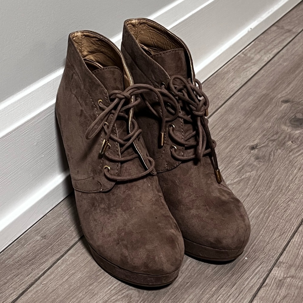 Suede Taupe Heeled Wedge Boots